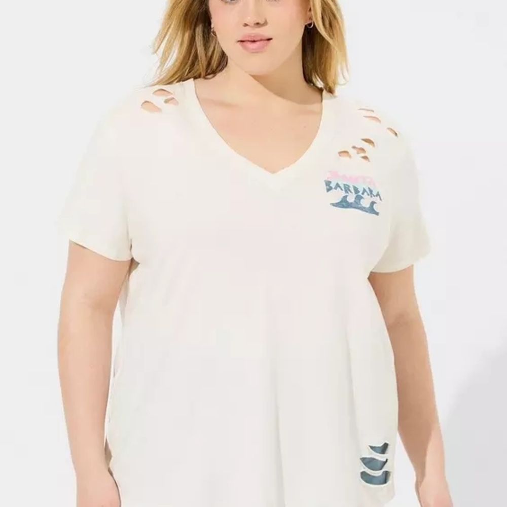 NWT Torrid Santa Barbara Relax Fit Heritage Jersey Distressed Tee - Picture 2 of 5